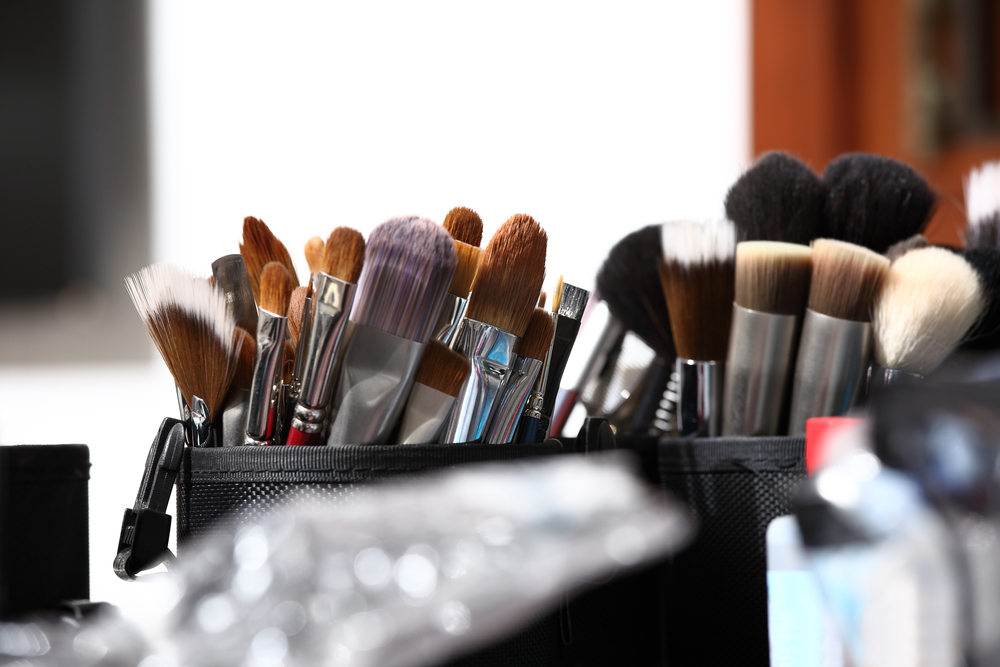 Makeup brushes in an organized pouch.